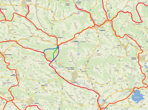 Mapka st�vaj�c�ch (�erven�) a navrhovan� trati.